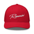 Load image into Gallery viewer, Front profile of red UNLV Runnin' Rebel basketball snapback trucker hat with vintage style Runnin' in white script