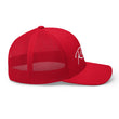 Load image into Gallery viewer, Right profile of red UNLV Runnin' Rebel basketball snapback trucker hat with vintage style Runnin' in white script