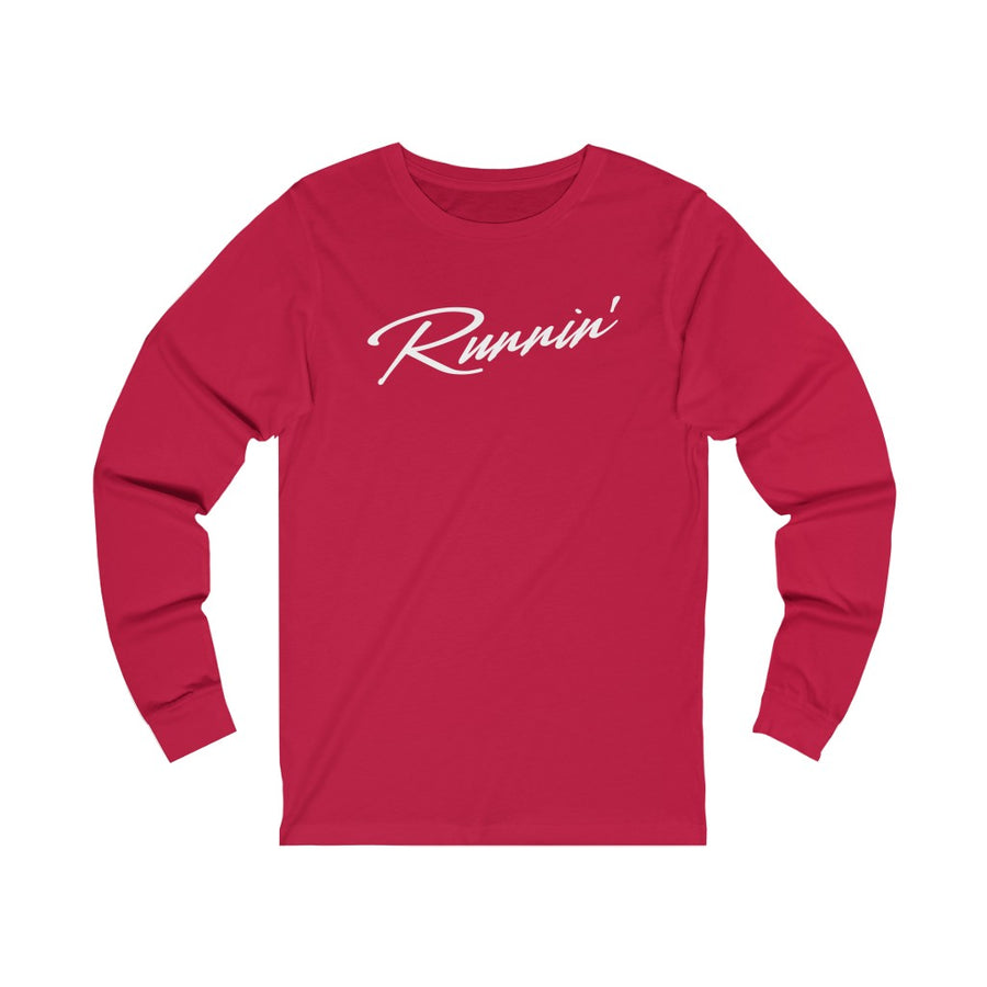 Red UNLV Runnin' Rebel basketball long sleeve shirt with Runnin' in retro white script