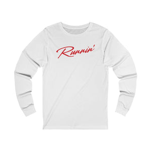 White UNLV Runnin' Rebel basketball long sleeve shirt with Runnin' in retro red script