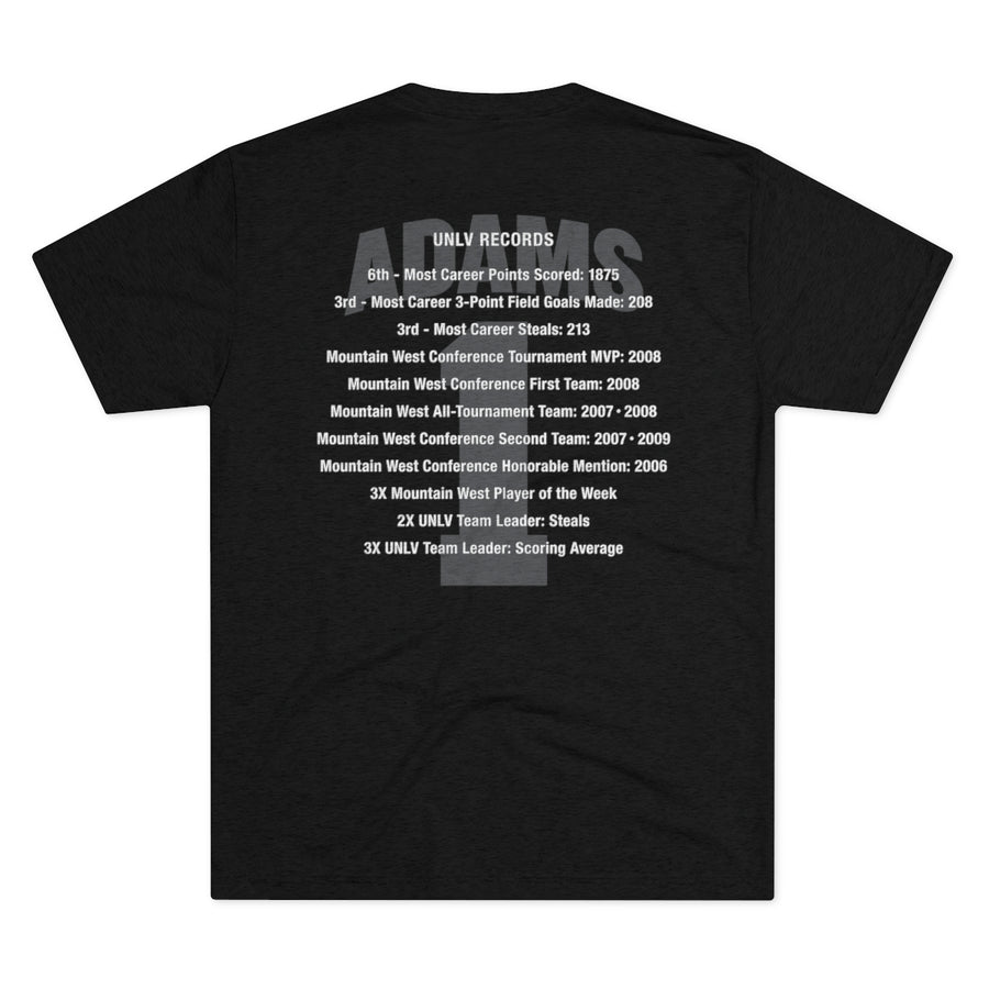 Backside of black vintage UNLV basketball shirt for jersey retirement of number 1 Wink Adams listing all his career stats
