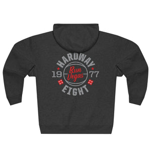 Back side of dark gray retro UNLV basketball zip up cotton hoodie with 1977 Hardway Eight circled around the words "RUN VEGAS"