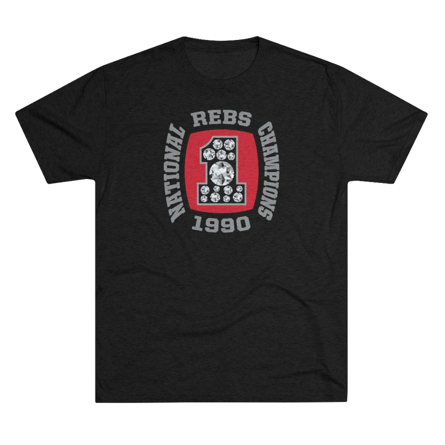 Vintage UNLV basketball black tri-blend t-shirt with replica of their 1990 National Championship ring on the front