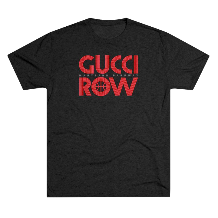 Black tri-blend retro style t-shirt with Gucci Row in red letters, the famous courtside seats of UNLV Runnin' Rebels basketball