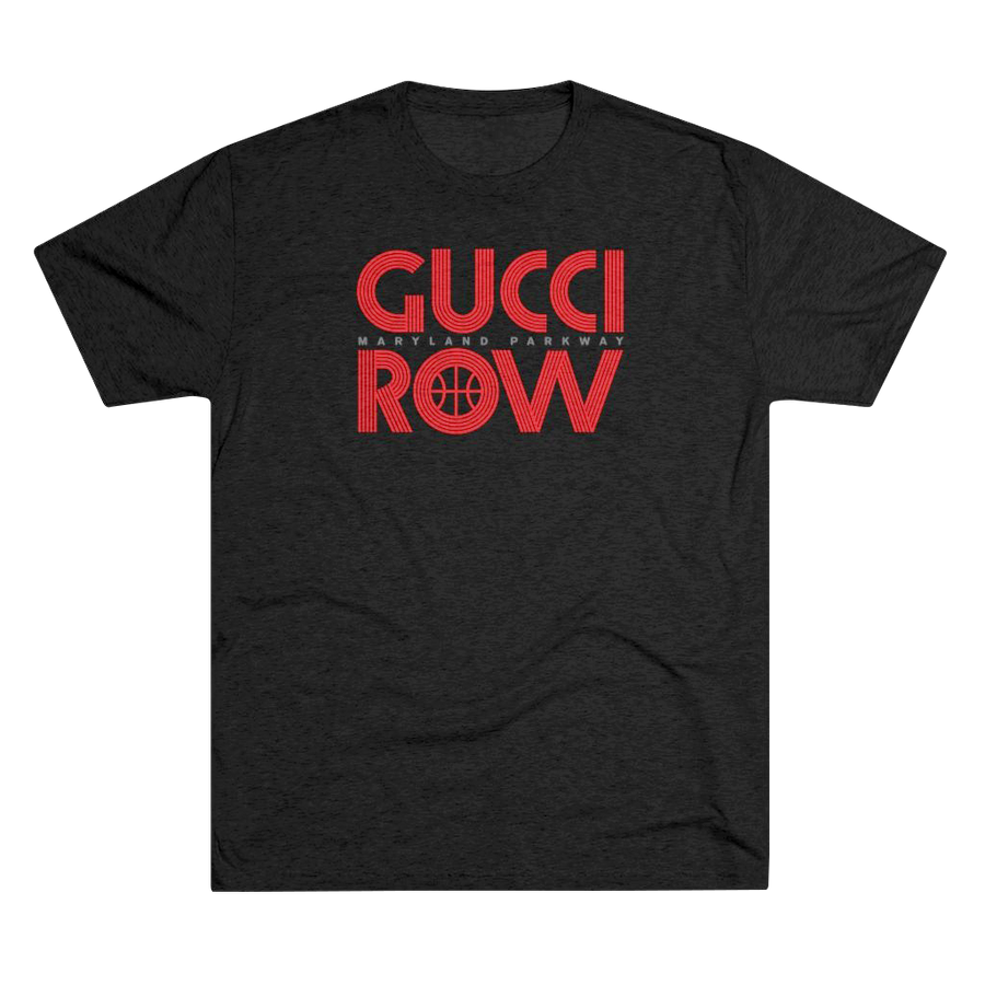 Black tri-blend retro style t-shirt with Gucci Row in red letters, the famous courtside seats of UNLV Runnin' Rebels basketball