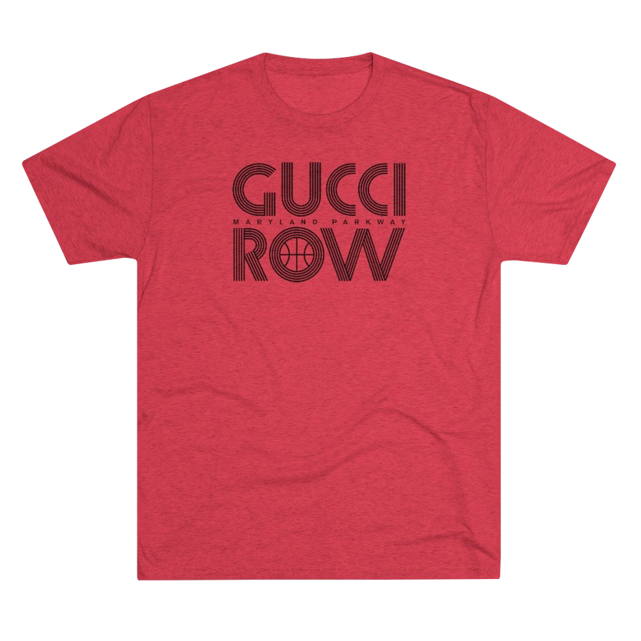 Red tri-blend retro style t-shirt with Gucci Row in black letters, the famous courtside seats of UNLV Runnin' Rebels basketball