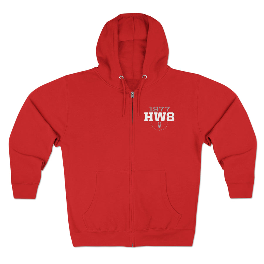 Front view of red zip up cotton hoodie with 1977 UNLV basketball team nickname Hardway Eight logo, HW8, on the left chest.