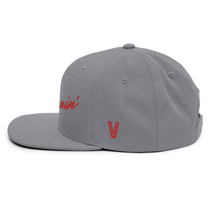 Left side profile of gray snapback UNLV Runnin' Rebel basketball hat with vintage style Runnin' in red script