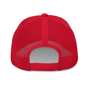 Back profile of red UNLV Runnin' Rebel basketball snapback trucker hat with vintage style Runnin' in white script