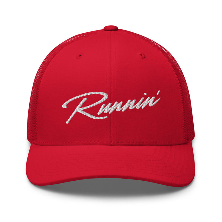Front profile of red UNLV Runnin' Rebel basketball snapback trucker hat with vintage style Runnin' in white script
