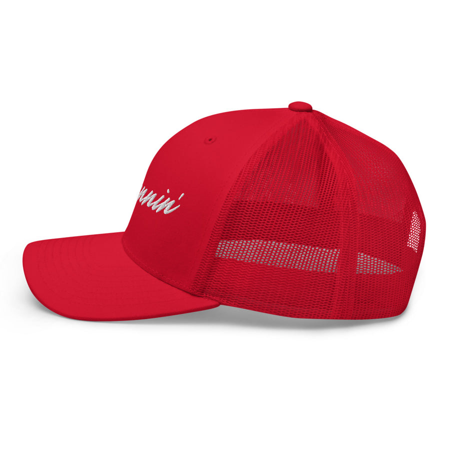 Left profile of red UNLV Runnin' Rebel basketball snapback trucker hat with vintage style Runnin' in white script