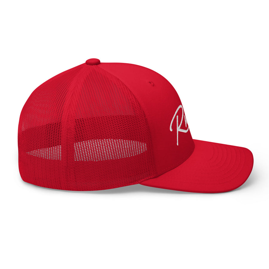 Right profile of red UNLV Runnin' Rebel basketball snapback trucker hat with vintage style Runnin' in white script