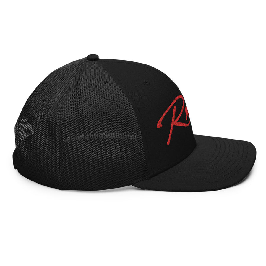 Right profile of black snapback UNLV Runnin' Rebel basketball trucker hat with vintage style Runnin' in red script
